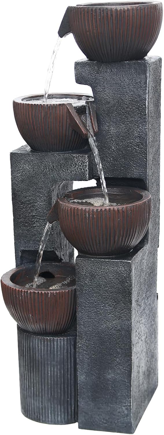 4 Tiered Cascading Outdoor Water Fountain with LED Lights 39.37''H Floor-Standing Garden Waterfall Fountains 4 Bowls Water Feature Fall for Patio Yard Porch Home Art Decor
