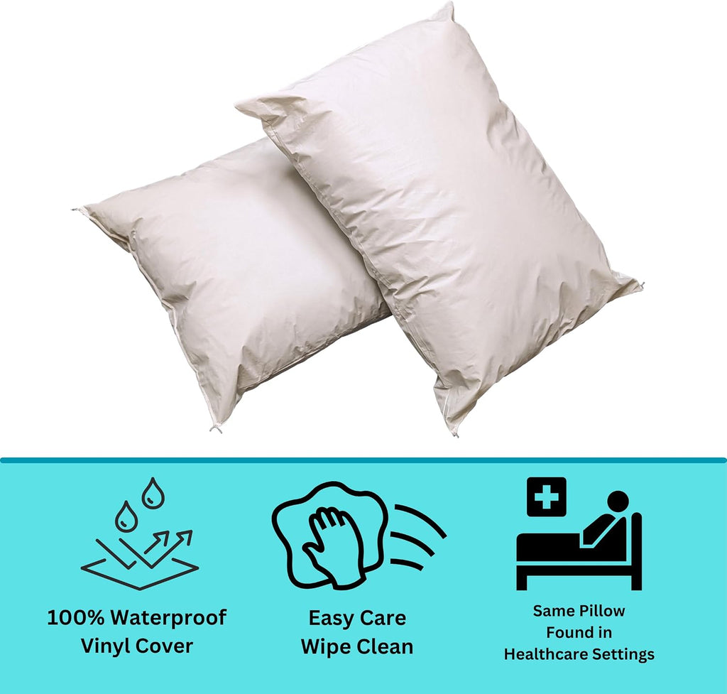 12 Pack MediCheck White Vinyl Covered Bed Pillows - Wipeable Easy Clean - Soft Low Profile Non-Fluffy Support - 20 in x 26 in