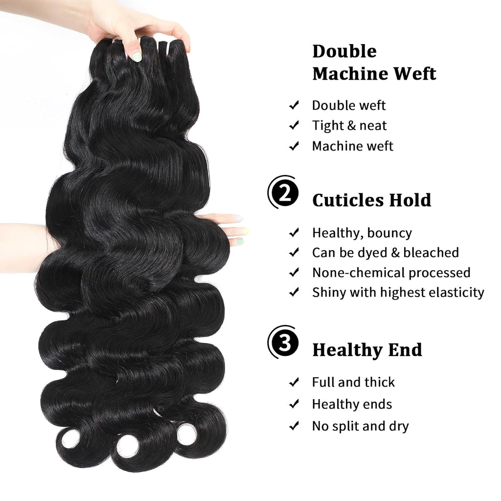 15A Raw Indian Human Hair Bundles Body Wave Bundles Human Hair,Triple Lifespan Virgin Remy Hair,No Tangle Shedding,Keep Texture Silky Soft After Multiple Washes (3 Bundles Natural Black, 14 16 18)