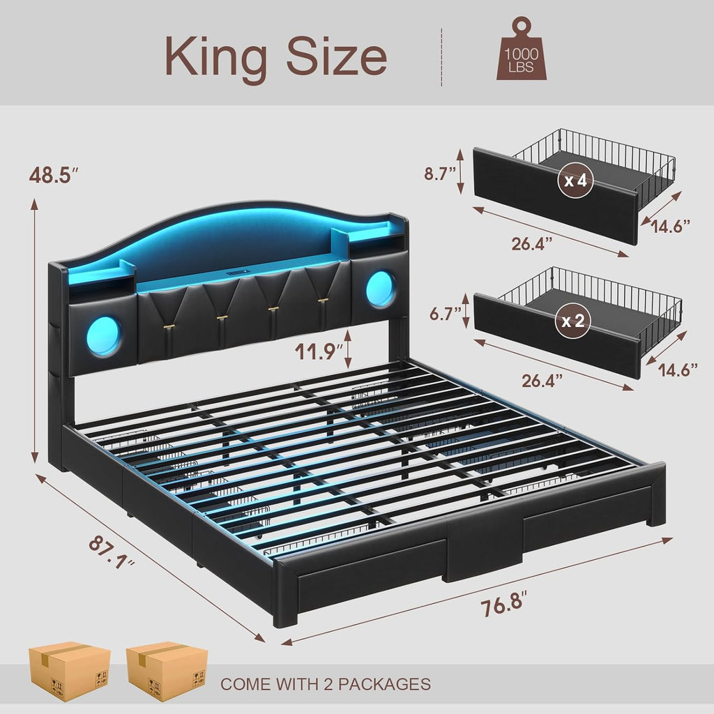 King Bed Frame with 6 Storage Drawers, Platform Bed Frame King Size with Headboard, LED Lights&Charging Station, King Bed with Metal Support, Noise-Free, No Box Spring Needed, Easy Assembly, PU Black