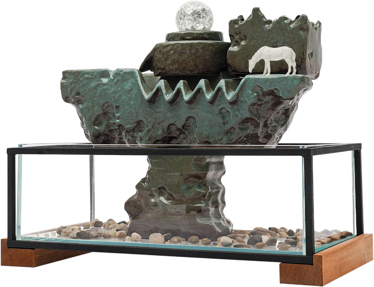 Modern Tabletop Water Fountain with LED Lights,Crystal Ball and Fish Tank, Decorative Indoor Fountain for Home Office Use,Desktop Waterfall with Horse Carving for Relaxation