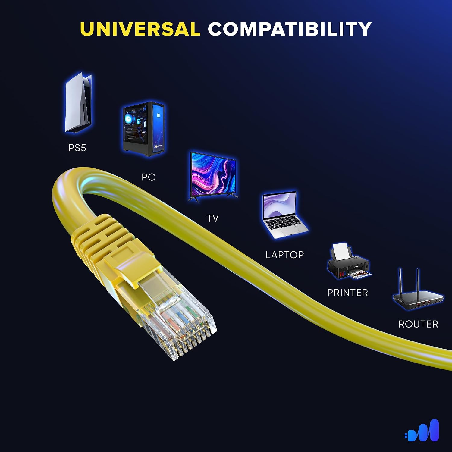 Maximm Cat 6 Ethernet Cable - 12 ft (50-Pack) - High-Speed LAN, Internet, Patch, and Network Cable - UTP, 10Gbps, 550MHz Ethernet Cord - Yellow