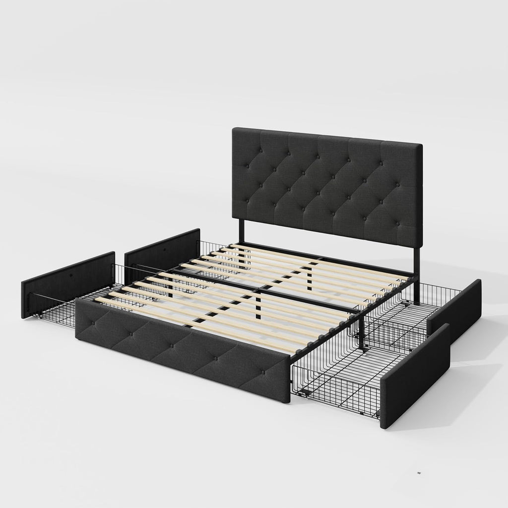 Allewie Upholstered Full Size Platform Bed Frame with 4 Storage Drawers and Headboard, Diamond Stitched Button Tufted, Mattress Foundation with Wooden Slats Support, No Box Spring Needed, Dark Grey