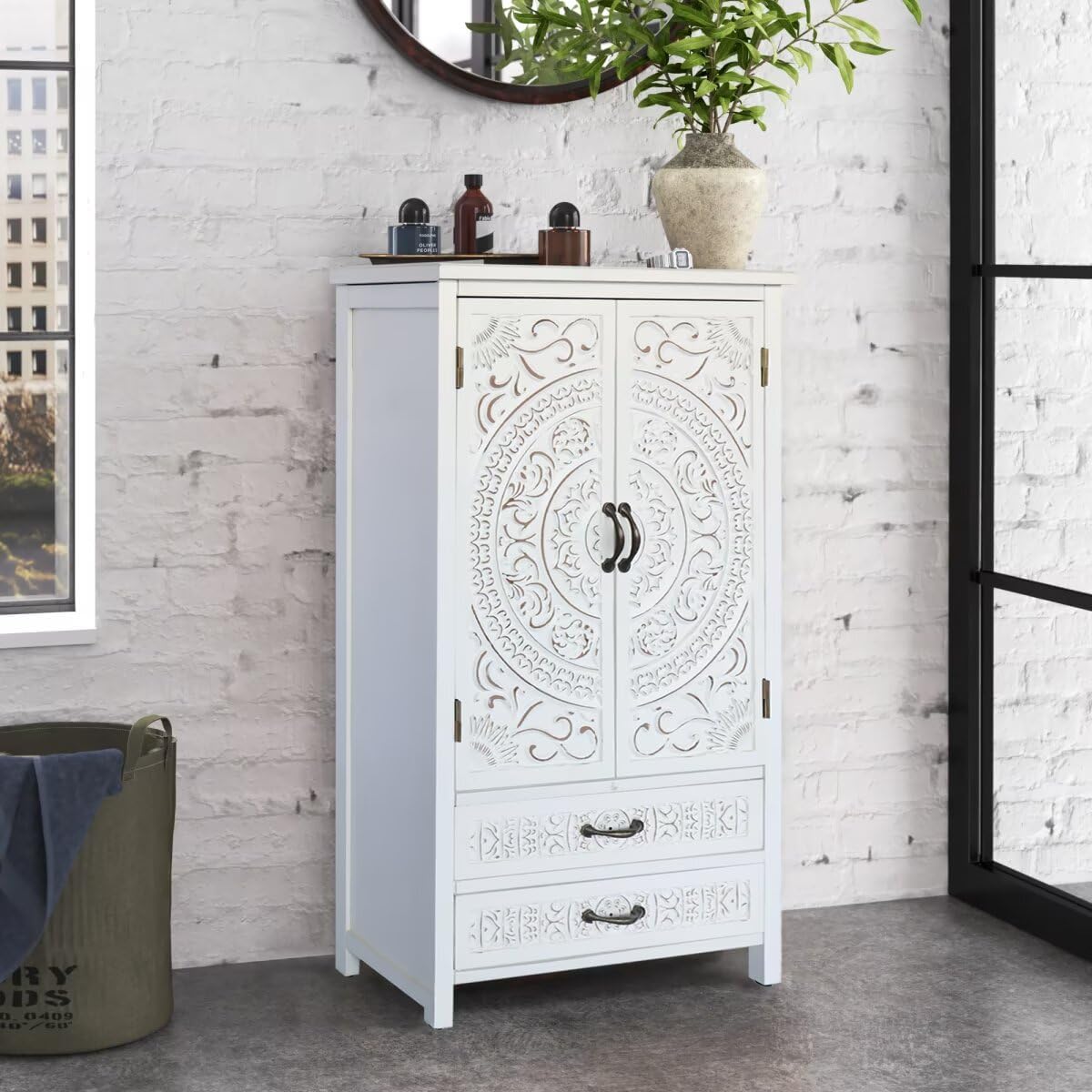 JIJIWANG 27'' Accent Tall Tower White Storage Cabinet - Rustic Wood Sideboard Pantry Cabinet with Storage for Home Decor and Organization Chic Cabinets with Two Doors and Two Drawers
