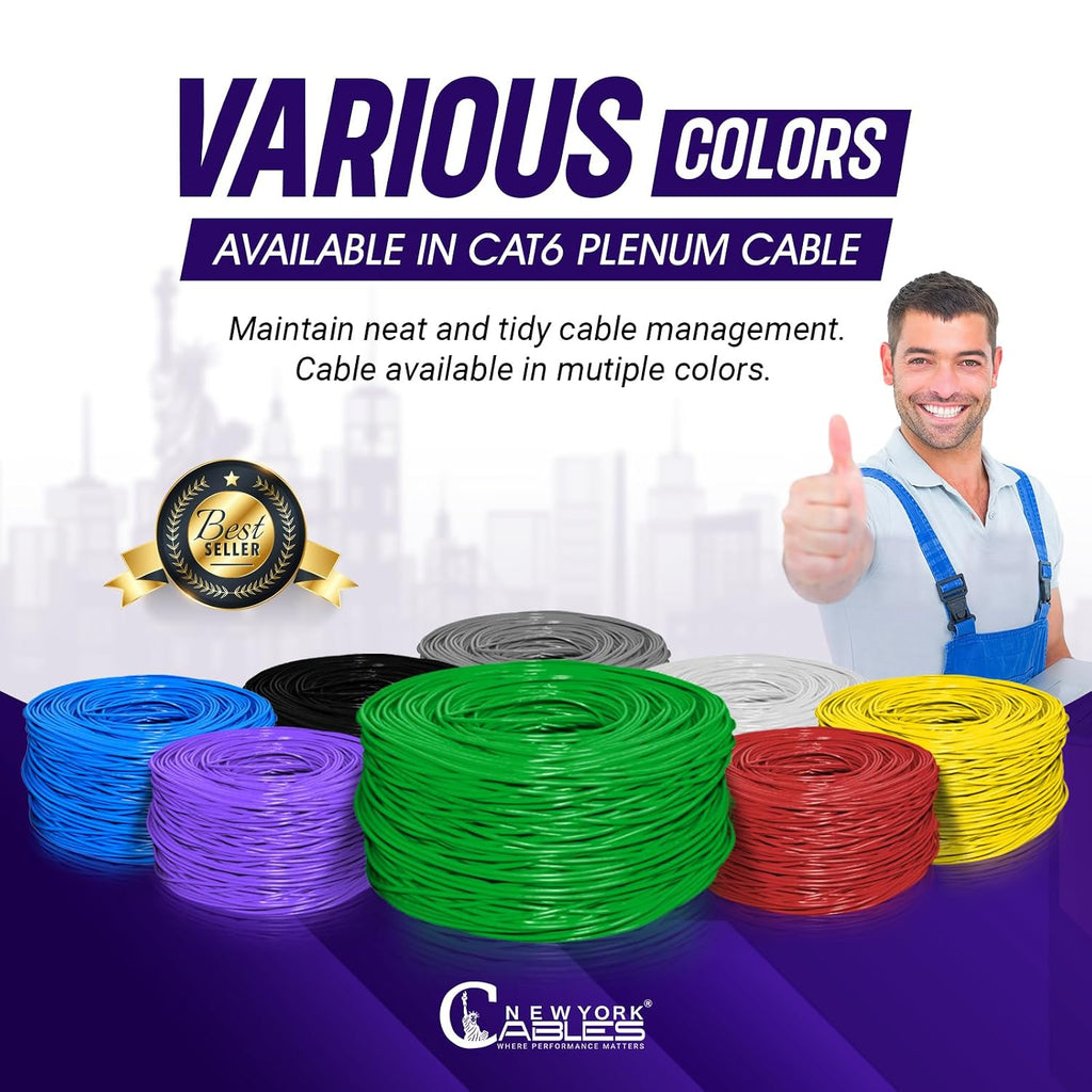 NewYork Cables | CAT6 Plenum Cable 1000ft | UTP, 550MHz, 23AWG, 4Pair 10GB | Most Certified CMP-Rated Fire-Retardant Bulk Cat 6 Ethernet Cable for Networking & Gaming (1000ft, Solid Conductor, Green)