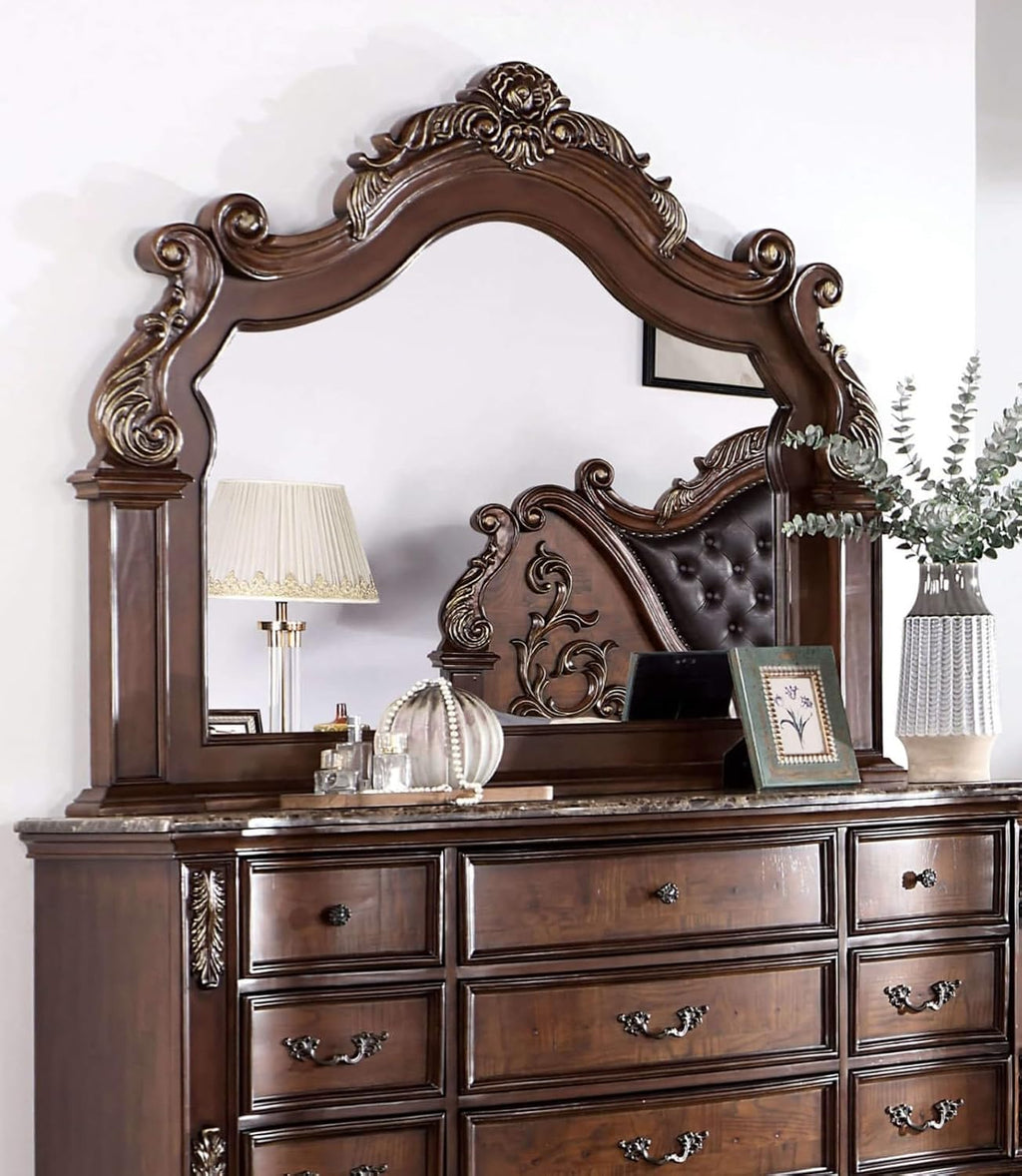 MASARA 4-Piece Traditional Queen Bedroom Set in Brown Cherry Finish, Engineered Leatherette, Marble, Polyresin, Solid Wood, Others