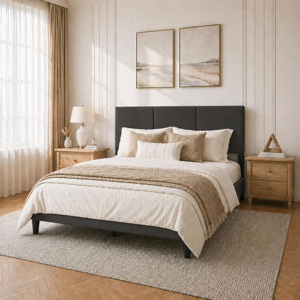 Queen Size Bed Frame with Headboard, Velvet Upholstered Platform Bed Frame, Sturdy Slatted Support for Springless Mattresses, Silent Operation, Easy to Assemble, Black