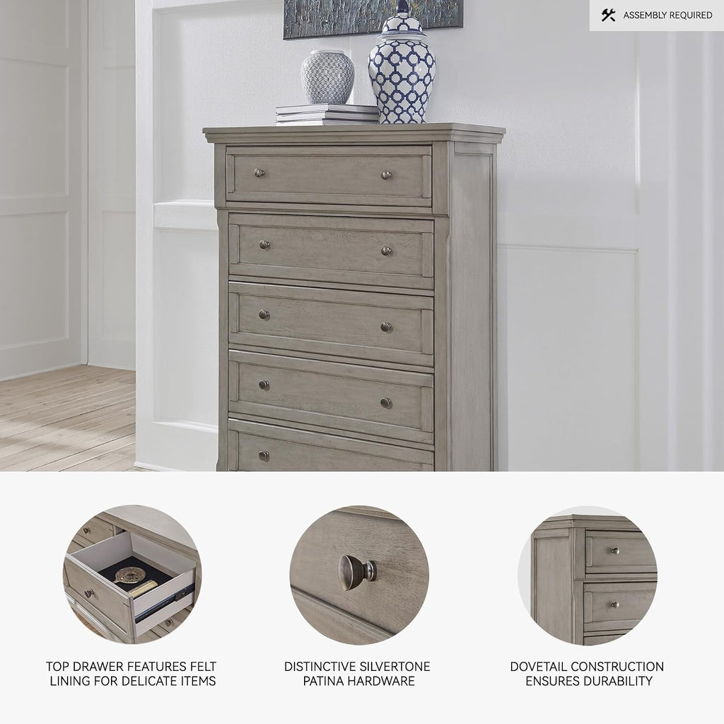 Signature Design by Ashley Lettner Traditional 5 Drawer Chest with Dovetail Construction, Light Gray
