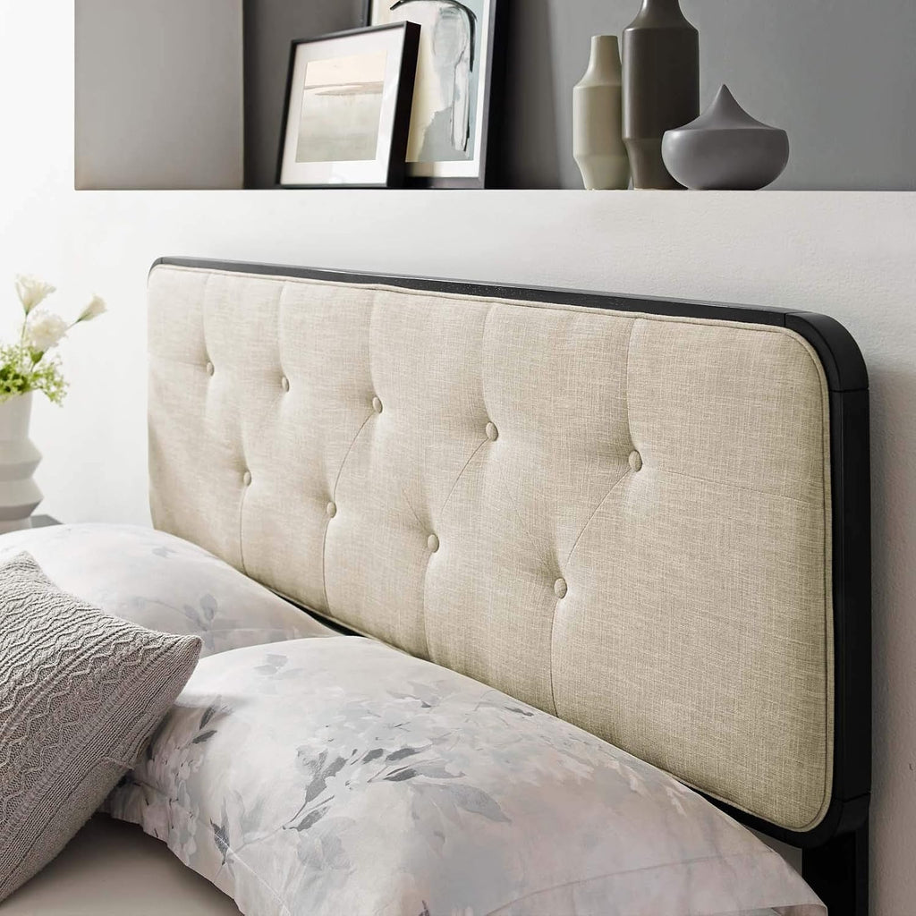 Modway MOD-6234-BLK-BEI Collins Tufted Queen Fabric and Wood Headboard, Black Beige