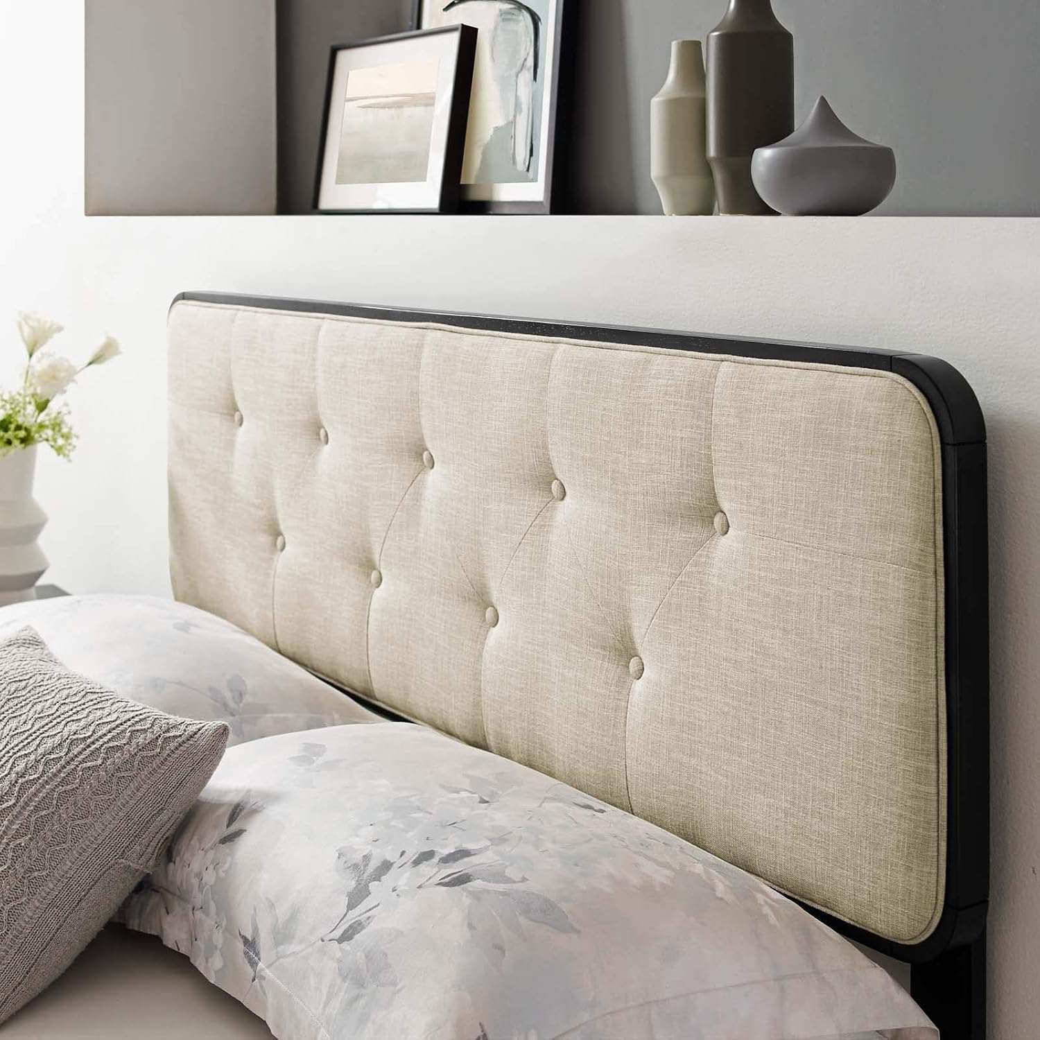 Modway MOD-6234-BLK-BEI Collins Tufted Queen Fabric and Wood Headboard, Black Beige