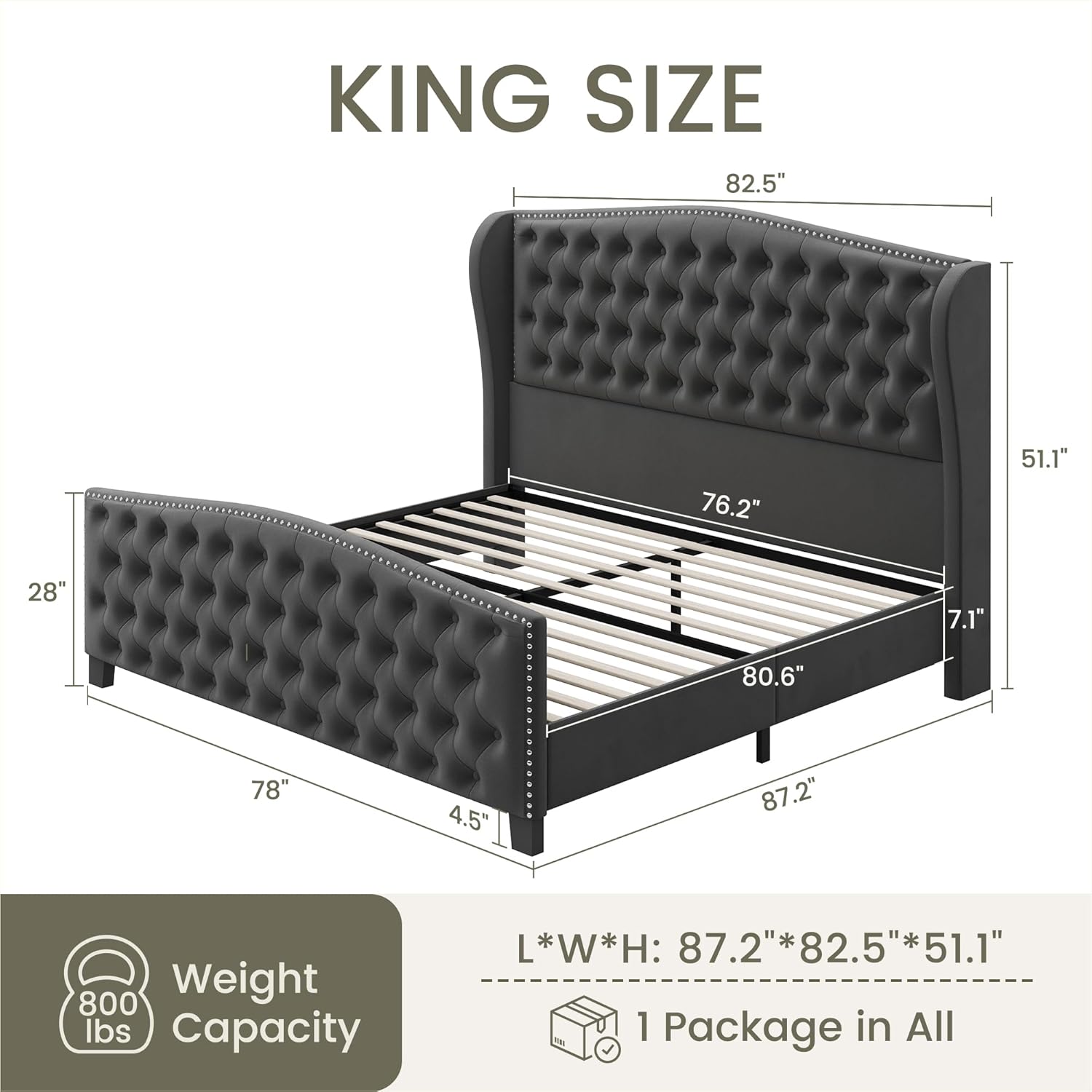 LARMACE King Size Bed Frame Velvet Upholstered Platform Bed with Wingback Headboard & Footbaord, Deep Button Tufted Bed Frame with Wood Slats Support, No Box Spring Needed, Grey