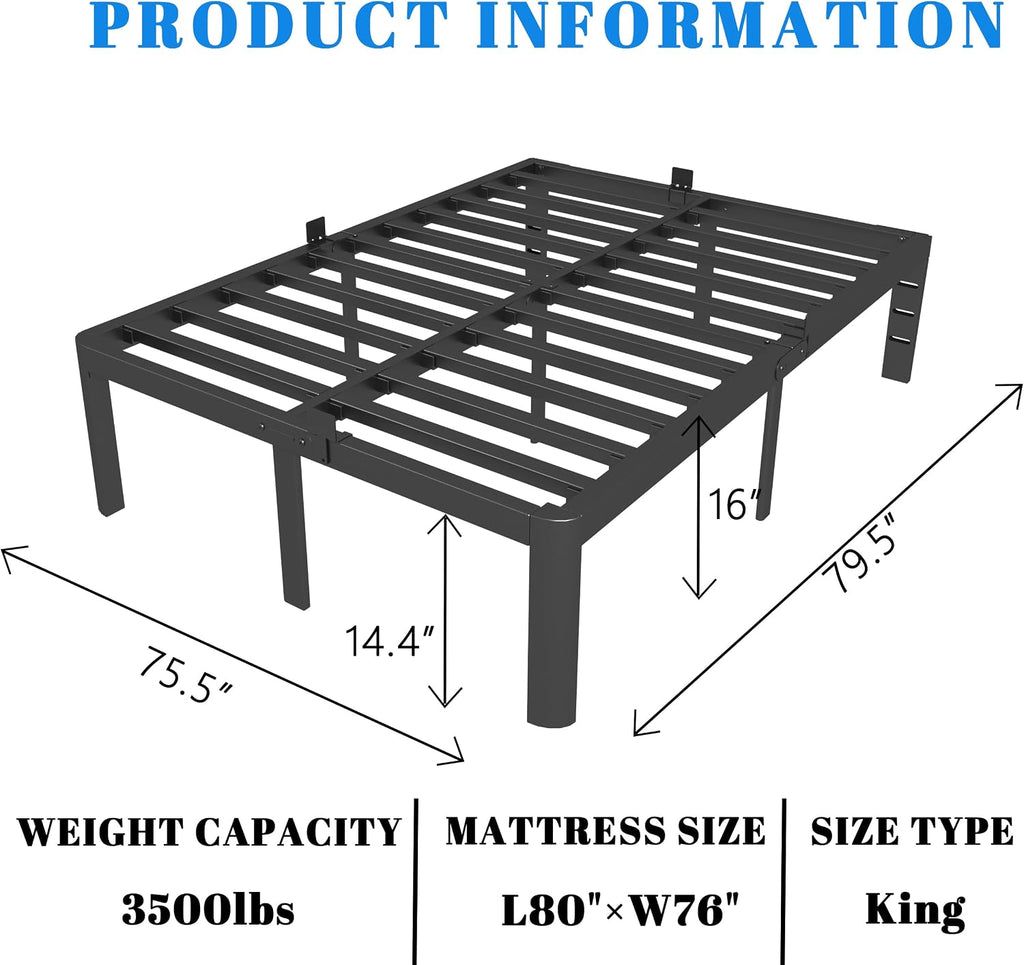 16 Inch Black King Size Bed Frame, Metal King Platform Bed Frame with Baffles, No Box Spring Needed, Heavy Duty Steel Support, Round Corner Design, Storage Space, Reserved Holes, Noiseless