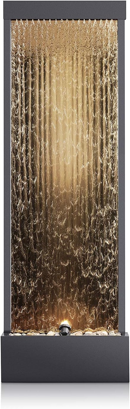 Alpine Corporation 72' Tall Indoor/Outdoor Mirror Waterfall Floor Fountain, LED Lights & River Stones, Elegant Bronze Finish for Home, Office, Patio & Entryway Decor