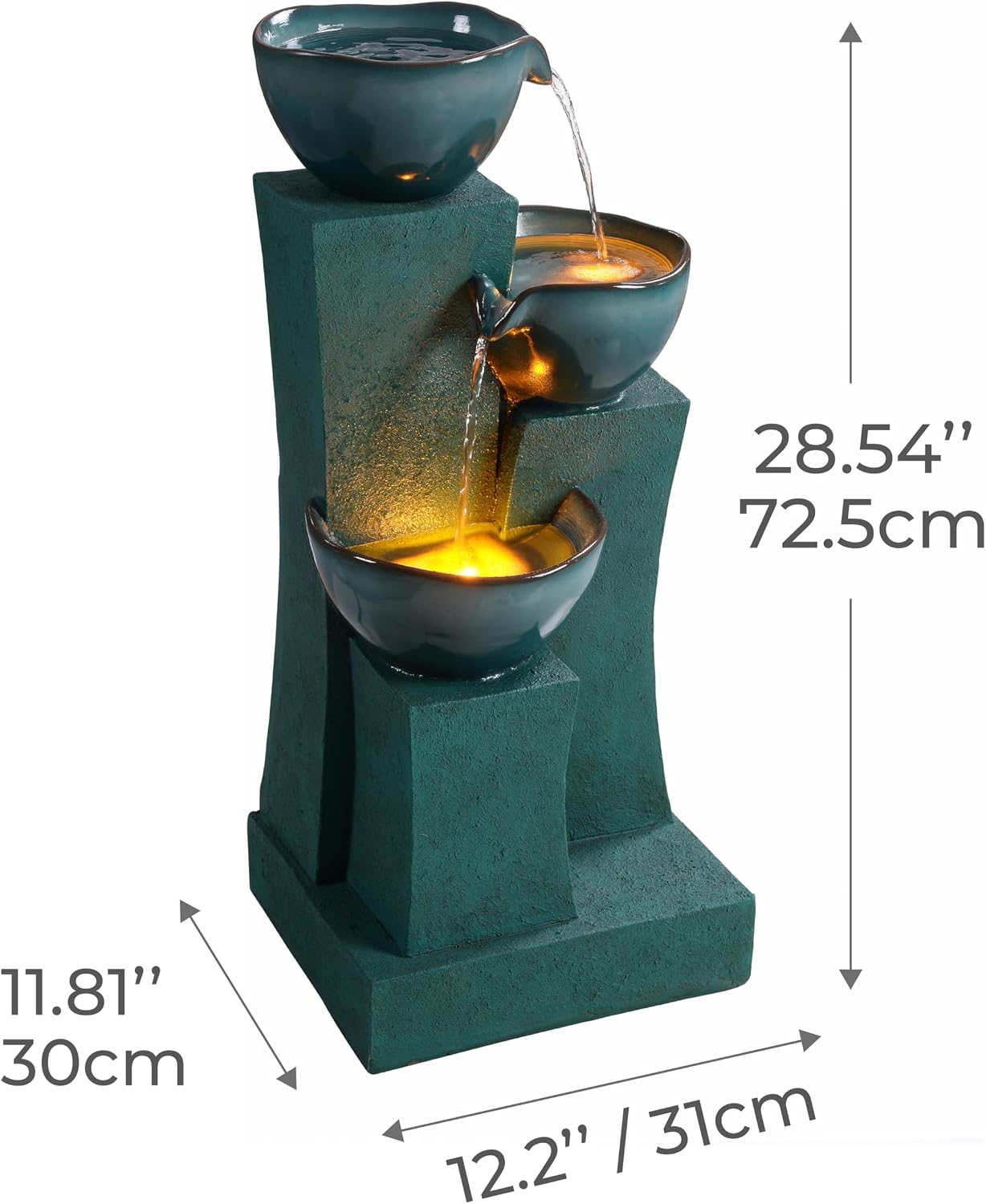 Teamson Home 28.54 in. 3-Tier Cascading Outdoor Water Fountain with LED Lights for Gardens, Landscaping, Patios, Balconies, Lawns, Green