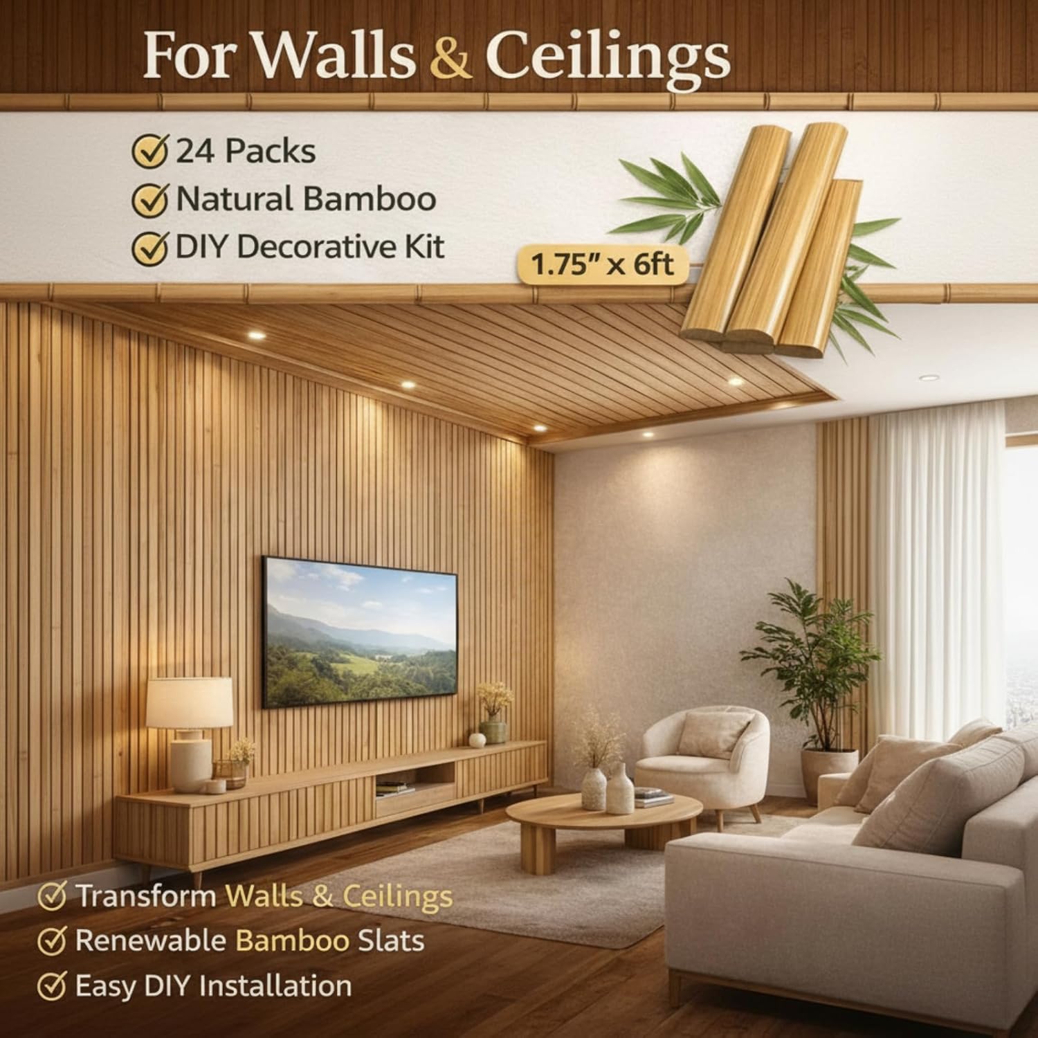 24 Pack 6ft Bamboo Slat Wall Panels, Vertical Wood Slat Accent Wall Kit for Modern Interior Decor, DIY Decorative Ceiling Panel System, Light Bamboo Finish, Easy Install