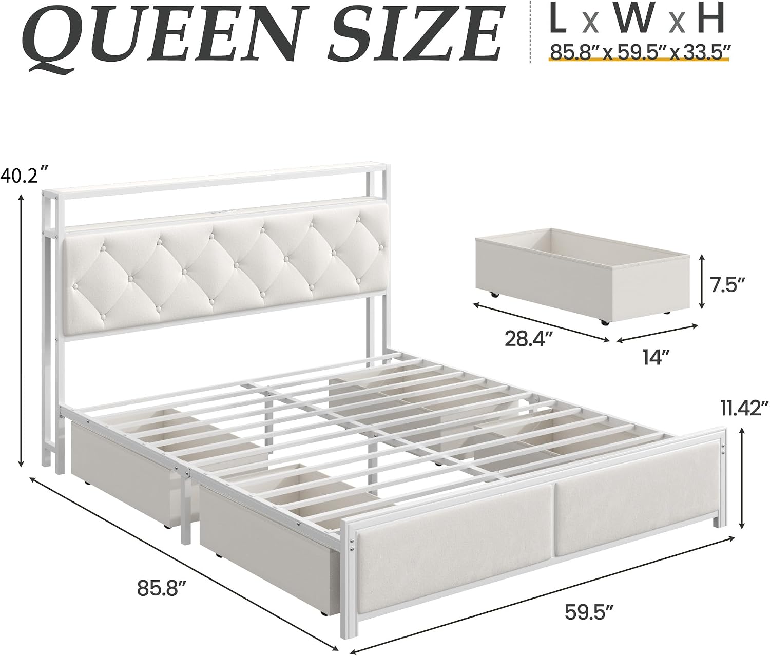 Fluest Queen Bed Frame with Headboard, Storage Drawers, Fast Charging Station, Led Lights, Bed Frame Queen Size with Fabric Drawers, Metal Structure, No Box Spring Needed, Easy Assembly, Beige