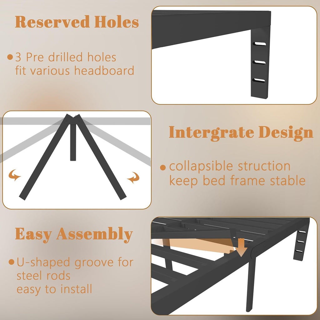 16 Inch Black Bed Frame Queen Size, Metal Platform Queen Bed Frame with Anti-Slip Baffles, No Box Spring Needed, Heavy Duty Steel Platform Support, Round Corner Design, Storage Space, Noiseless