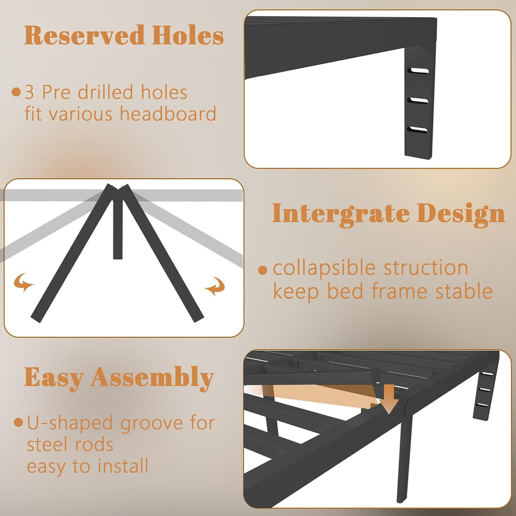 16 Inch Black King Size Bed Frame, Metal King Platform Bed Frame with Baffles, No Box Spring Needed, Heavy Duty Steel Support, Round Corner Design, Storage Space, Reserved Holes, Noiseless