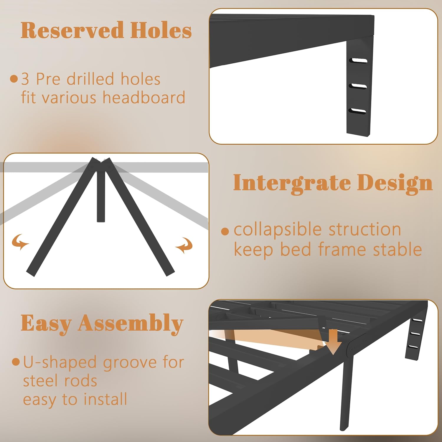 16 Inch Black King Size Bed Frame, Metal King Platform Bed Frame with Baffles, No Box Spring Needed, Heavy Duty Steel Support, Round Corner Design, Storage Space, Reserved Holes, Noiseless