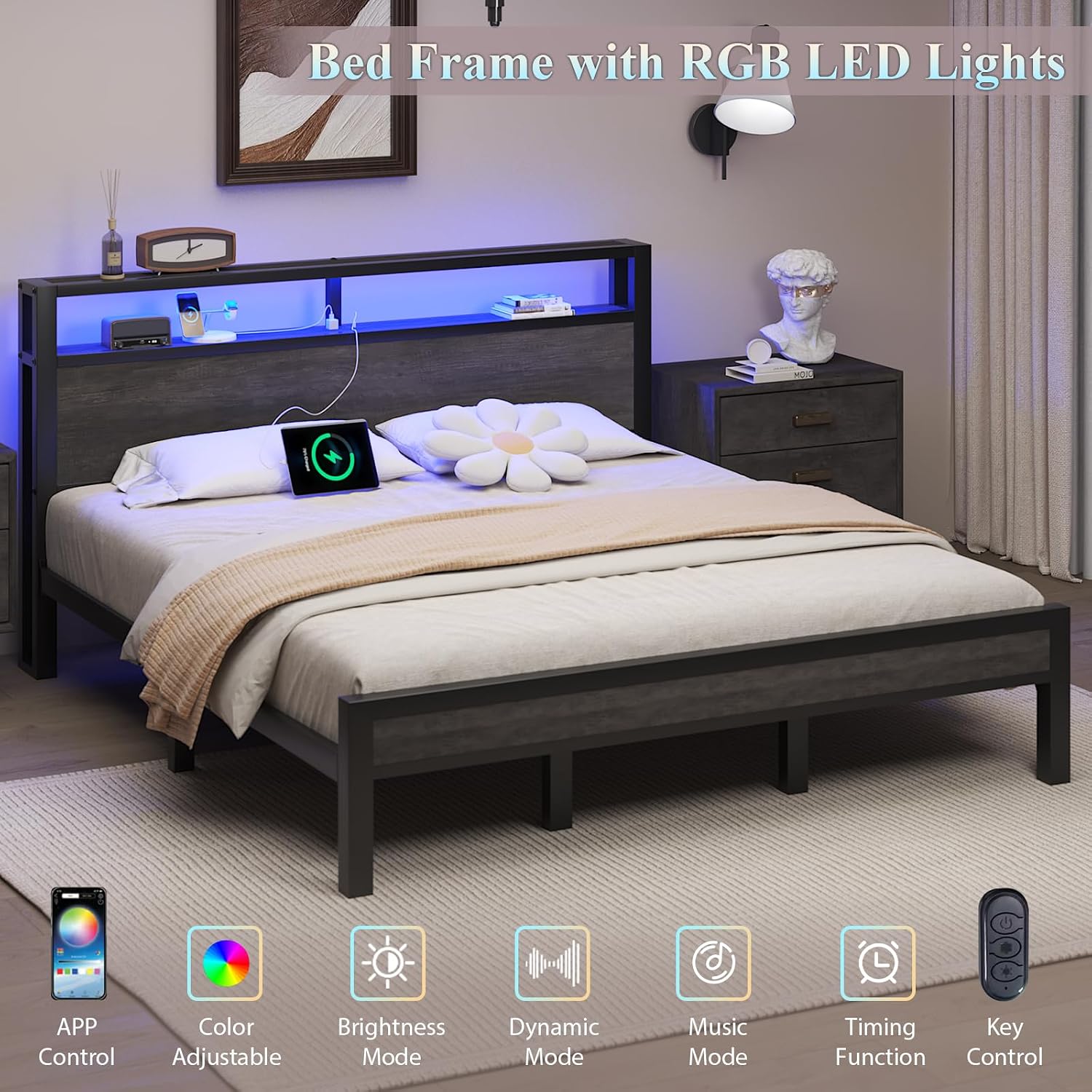 LOEWAY King Size Platform Bed with 2-Tier Storage Headboard, Metal Bed Frame with Charging Station & LED Light, Heavy Duty Metal Slats, No Box Spring Need, Noise Free, Grey