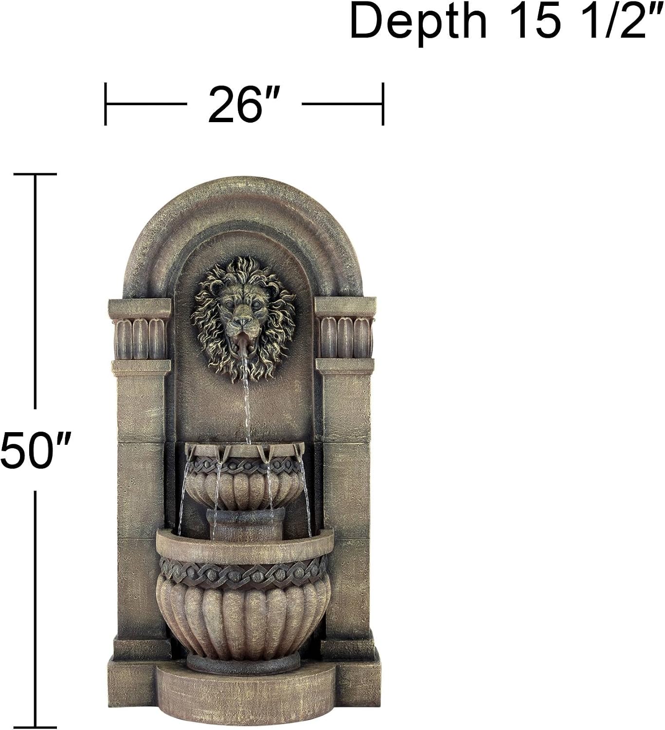 Royal Lion Face 50' High Large Italian Indoor Outdoor Decor Faux Stone Floor Fountain with Light LED Waterfall 2-Tier Statue Water Feature for Outside Garden Patio Yard Backyard - John Timberland