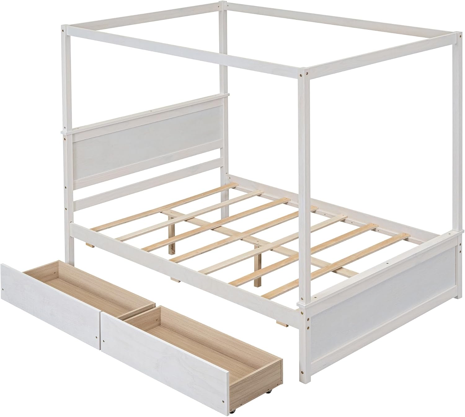 Harper & Bright Designs Wood Canopy Bed with Two Drawers, Full Size Canopy Platform Bed with Support Slats .No Box Spring Needed, Brushed White