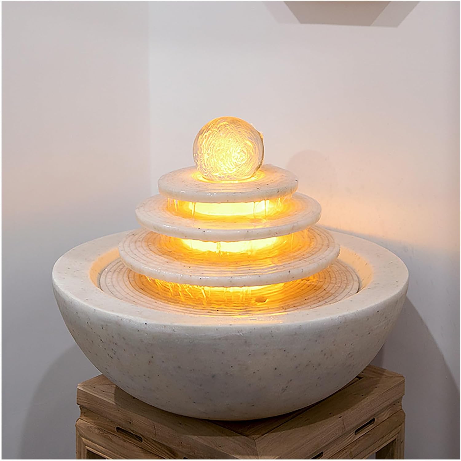 Water Fountain Indoor, Indoor Water Fountains Tabletop w/LED, Desktop Waterfall Fountain w/Water Pump, Lucky Ball Water Ornaments, Modern Light Luxury Living Room Rockery Fountain Landscape(White)
