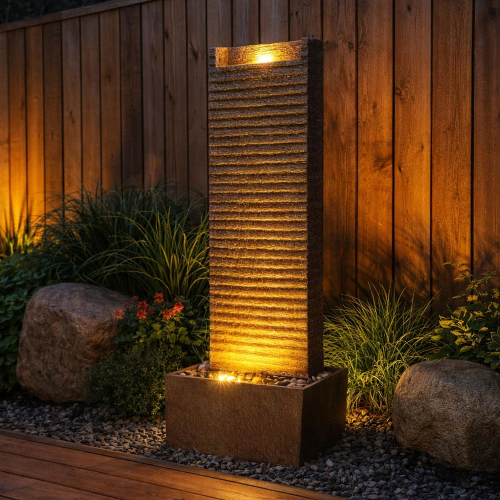 Teamson Home Ridged Texture Outdoor Water Fountain–Warm Glow Lighting with Built-in Electric Pump & Simple Setup, Brown