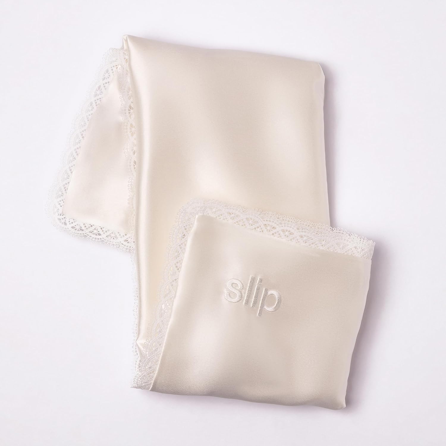 slip Charm Gift Set – White Queen Silk Pillowcase with Lace Trim, Black Large Scrunchie & White Skinny Scrunchie – Pure Mulberry Silk Hair & Sleep Essentials