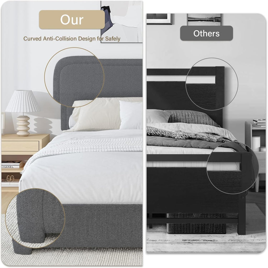 BarnFurin Queen Size Bed Frame, Boucle Upholstered Platform Bed Frame with Headboard, Soft Rounded Corners, No Box Spring Required, Non-Slip and Noise-Free, Easy Assembly, Dark Grey