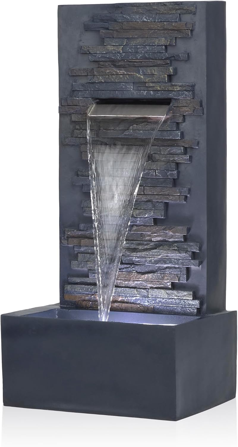 Alpine Corporation 32' Cascading Stone Wall Fountain with LED Lights – Outdoor Water Feature for Garden, Patio, Backyard & Home Decor, Gray