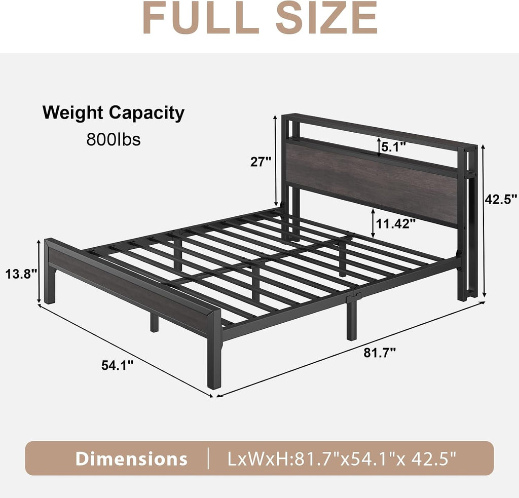 LoVinson Full Size Bed Frame with Charging Station and LED Lights, Metal Platform Bed with 2-Tier Storage Headboard, Noise Free, No Box Spring Needed, Easy Assembly, Grey