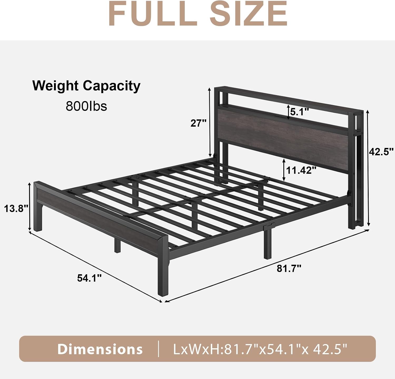 LoVinson Full Size Bed Frame with Charging Station and LED Lights, Metal Platform Bed with 2-Tier Storage Headboard, Noise Free, No Box Spring Needed, Easy Assembly, Grey