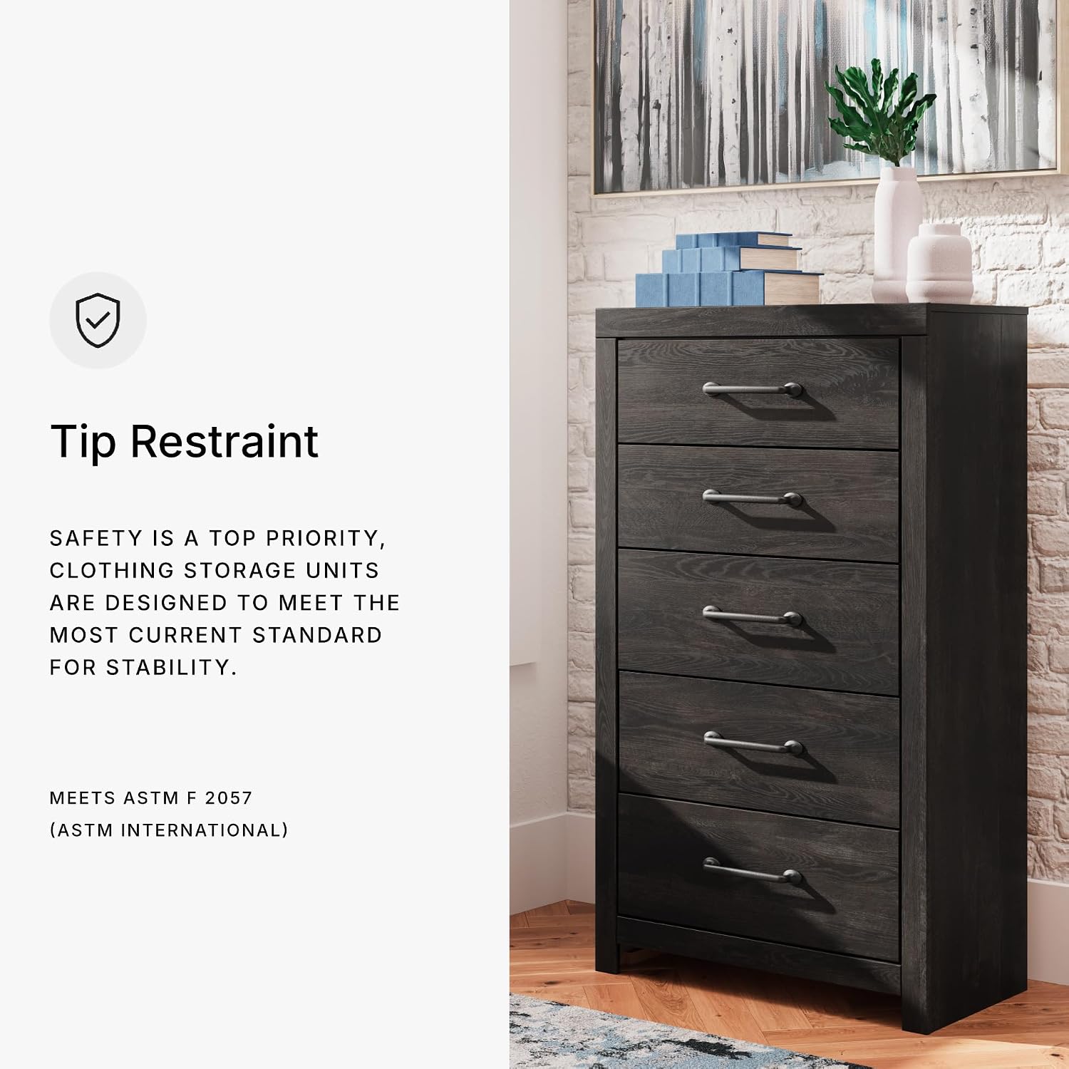 Signature Design by Ashley Delmorta Rustic 5-Drawer Chest of Drawers with Safety Stop, Gray