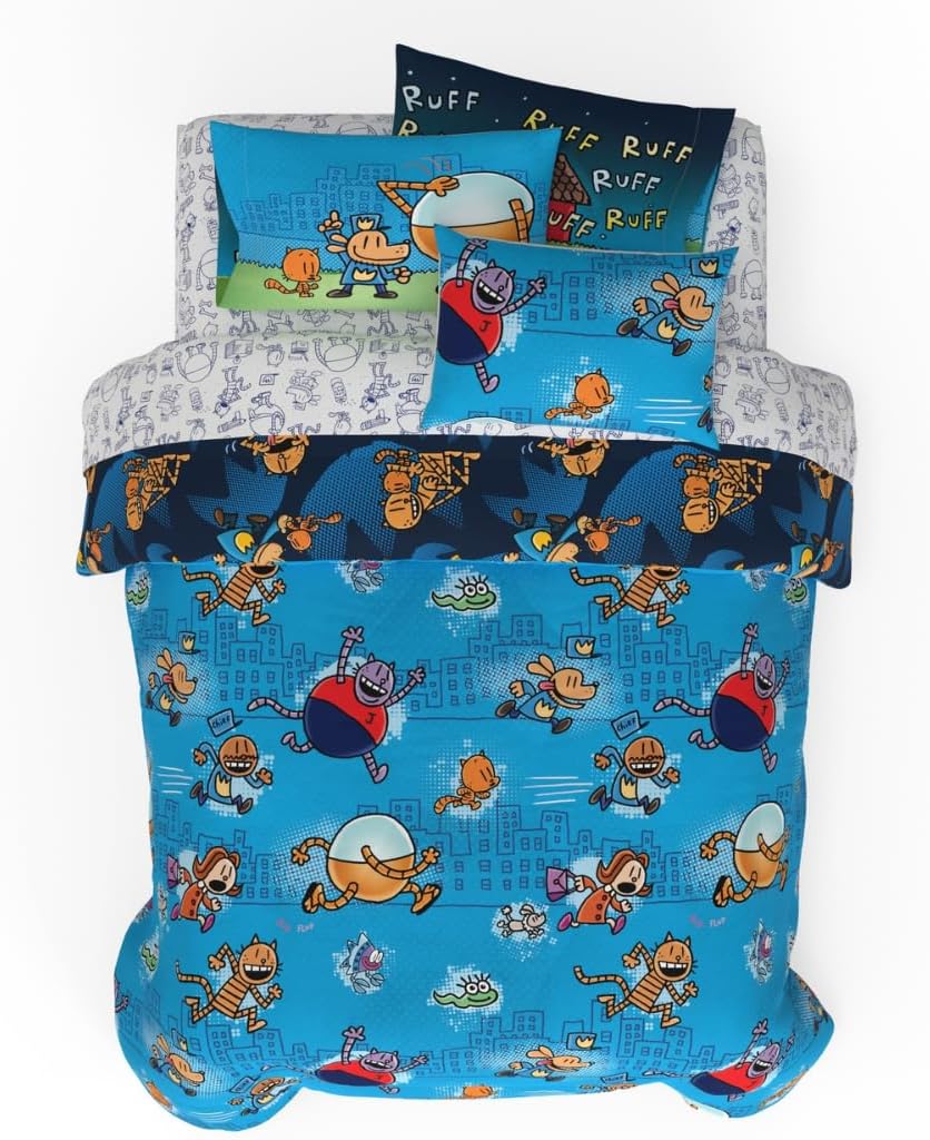 Dog Man Supa Buddies Book Kids Bedding Set, Queen Size 7 Piece Set Super Soft Cozy Reversible Comforter and Sheet Set with Sham, (Officially Licensed Product) by Franco