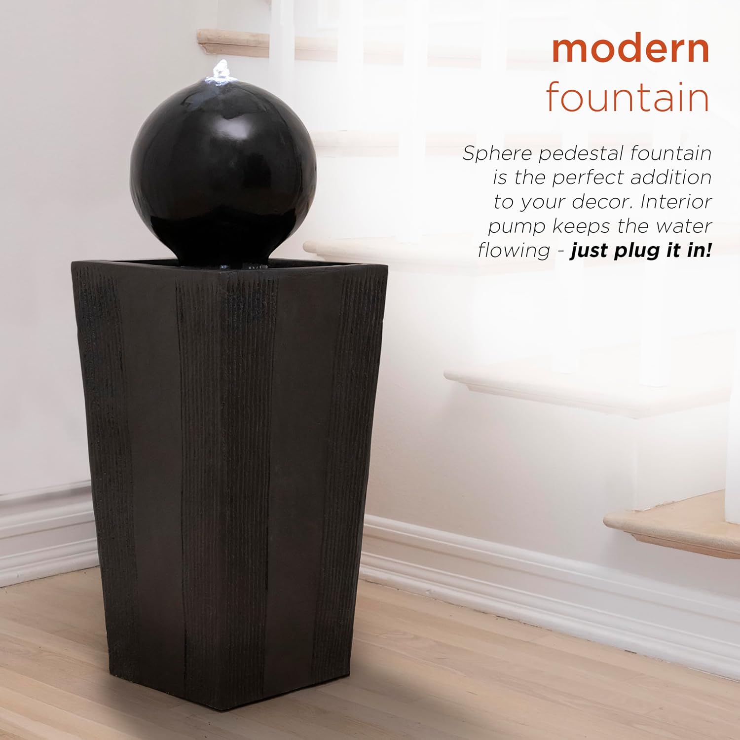 Alpine Corporation GIL786 Outdoor Floor Modern Sphere and Pedestal Soothing Waterfall Fountain for Garden 33', Black