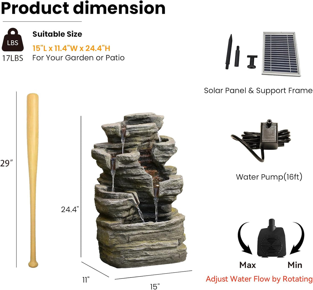 6-Tier Solar Water Fountain Outdoor, 24.4' H Cascading Rock Feature Garden Fountains and Waterfalls with Light, Pump, Solar Panel for The Patio, Deck, Porch, Backyard Home Décor, Stone Gray