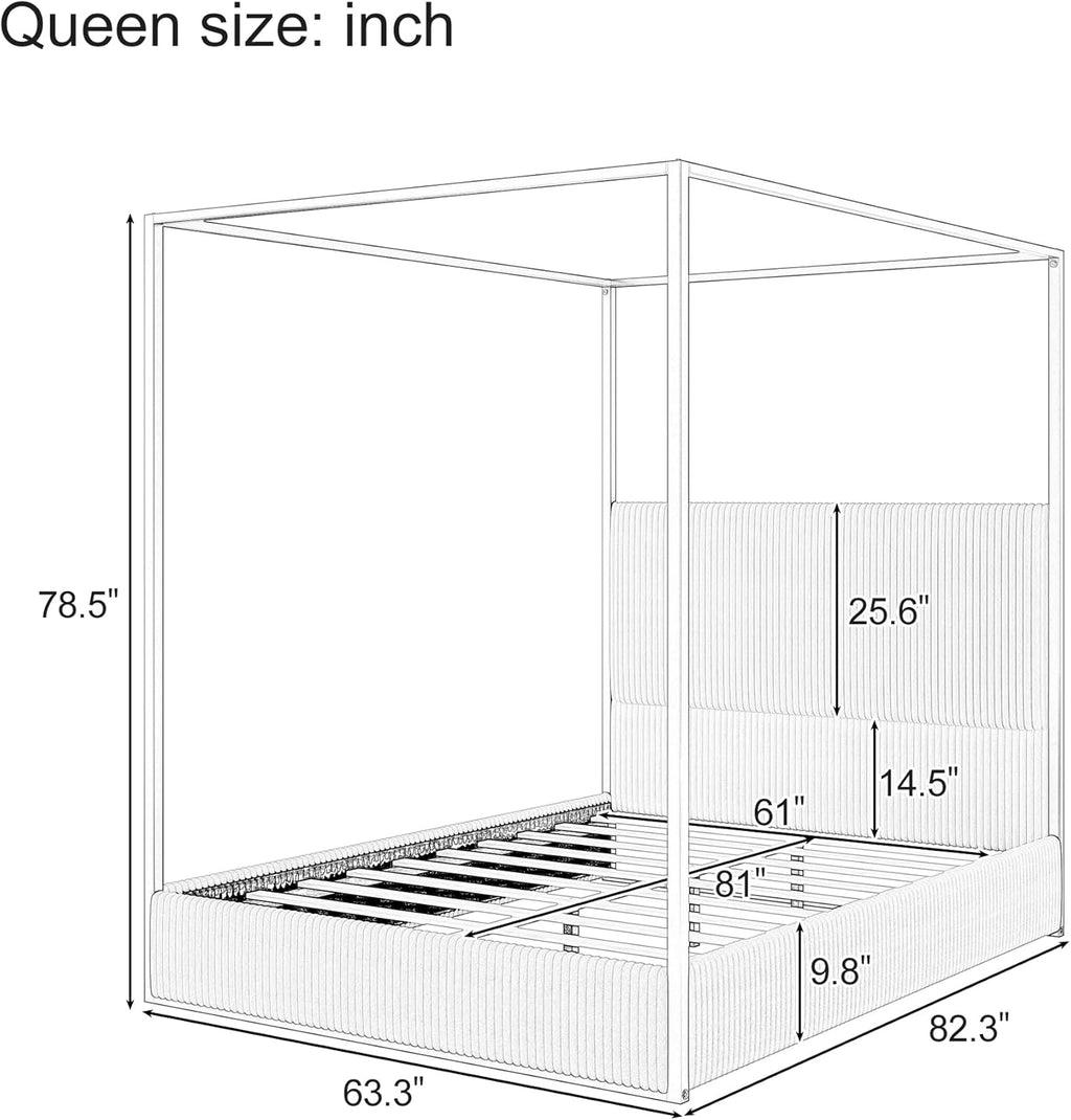 Queen Size Metal Canopy Bed with Tall Upholstered Channel Headboard and Gold 4 Poster, No Box Spring Needed (Beige+Gold, Queen)