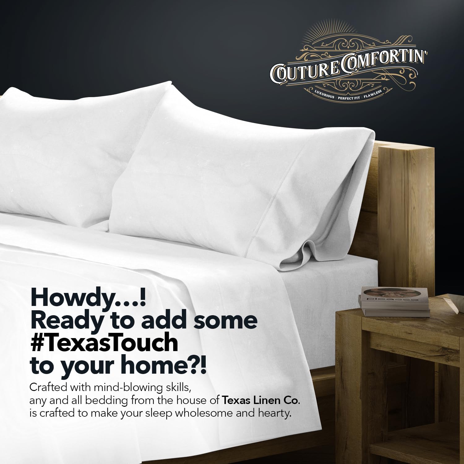 TEXAS LINEN CO. 100% Egyptian Cotton Queen Sheets Set Pack of 2 - Luxury 1500 Series Couture Comfortin' Collection Egyptian Cotton Sheets Queen Bed Set (8 PC, White), 17' Deep Pocket, Hotel Bedding
