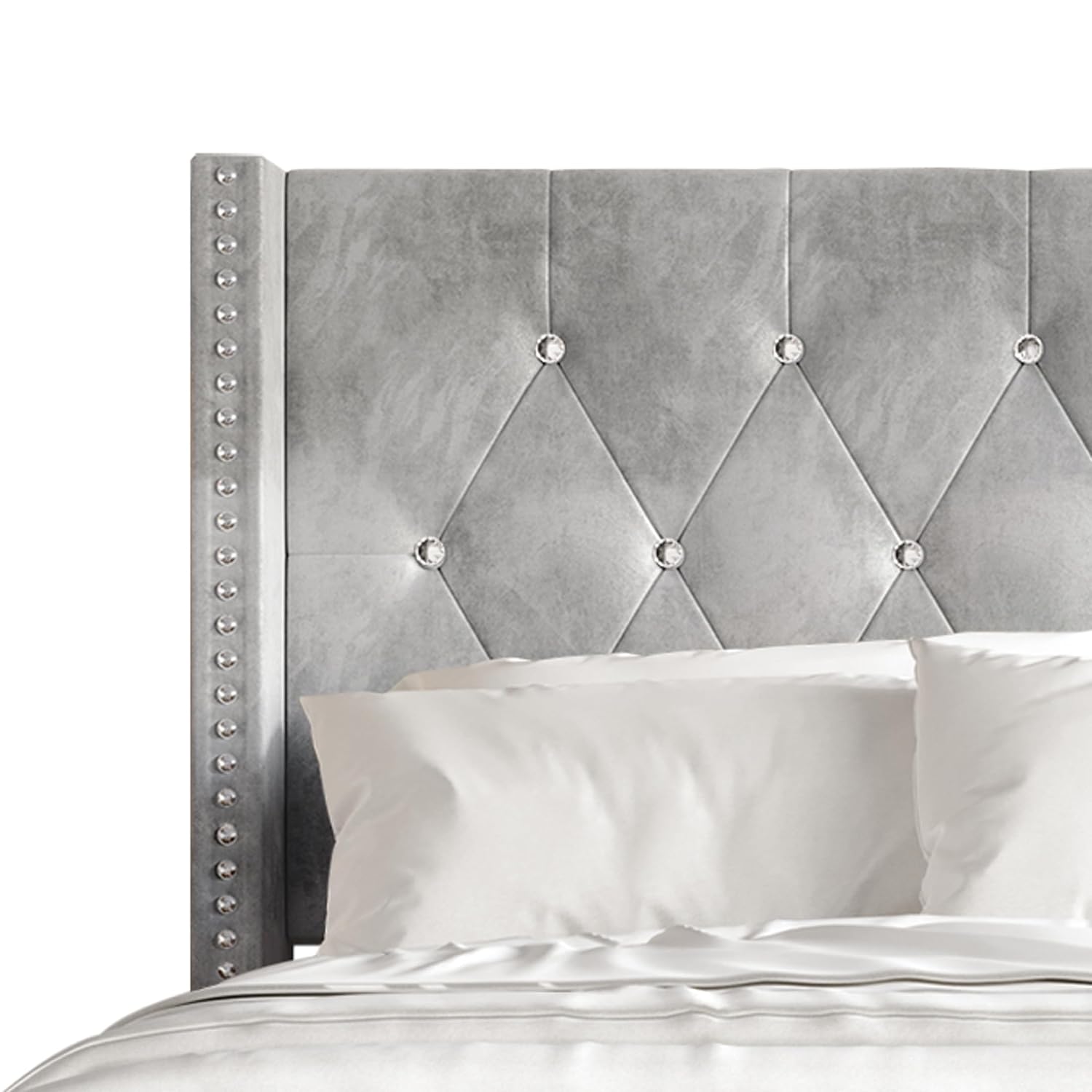Full Button Tufted Wingback Velvet Upholstered Bed, Silver Grey