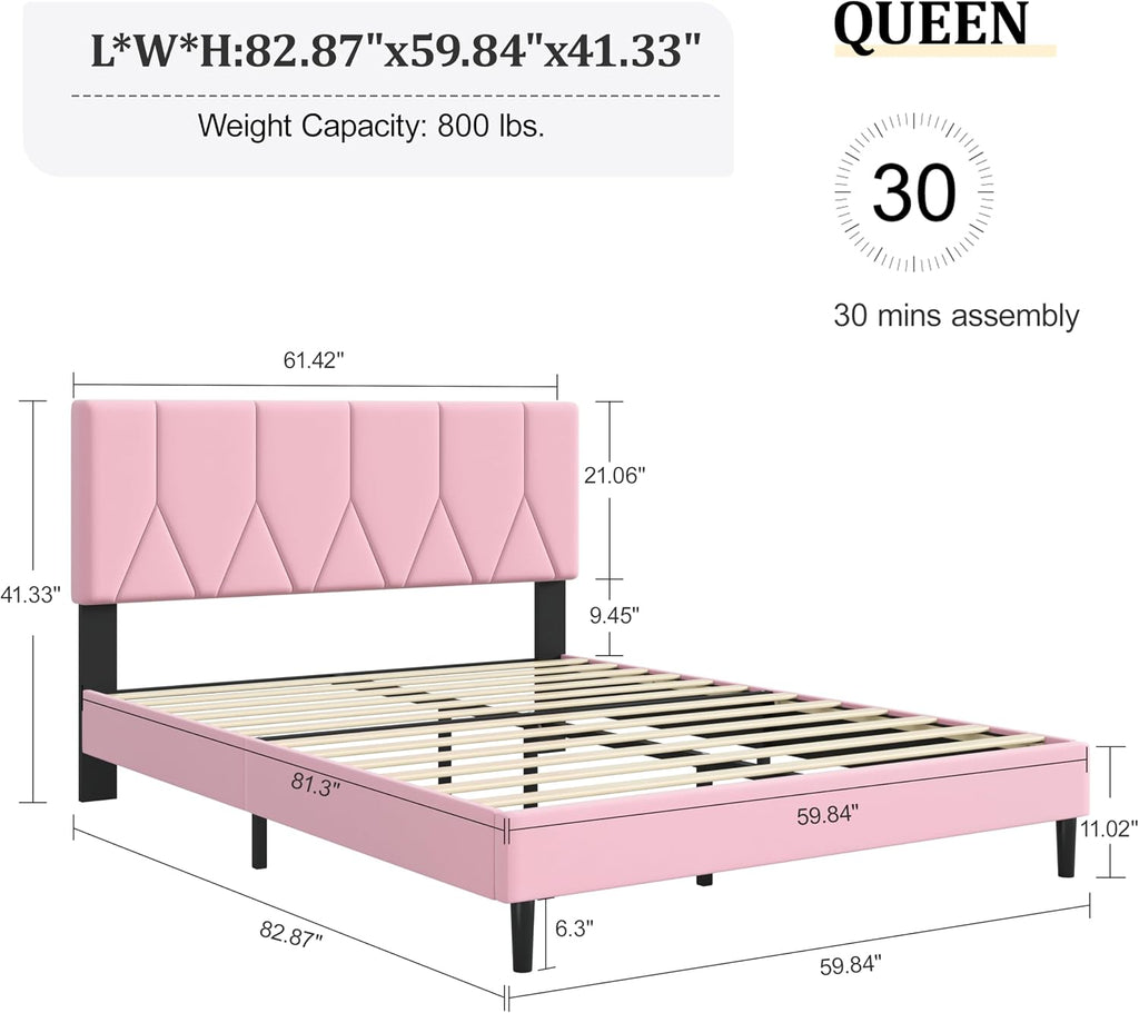 IOILORI Queen Size Bed Frame Platform with Velvet Upholstered Headboard, Sturdy Wooden Slats, No Spring Box, No Noise, Easy to Assemble, Bedframe with Strong Wooden Slats, Pink