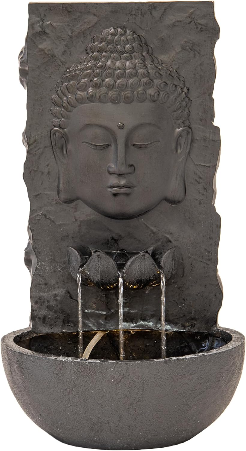XBrand 30 in H Buddha Zen Indoor/Outdoor Wall Water Fountain, Cascading Resin Garden Fountain with Warm LED Light, Soothing Water Feature for Patio, Porch, Backyard or Meditation Decor, Black