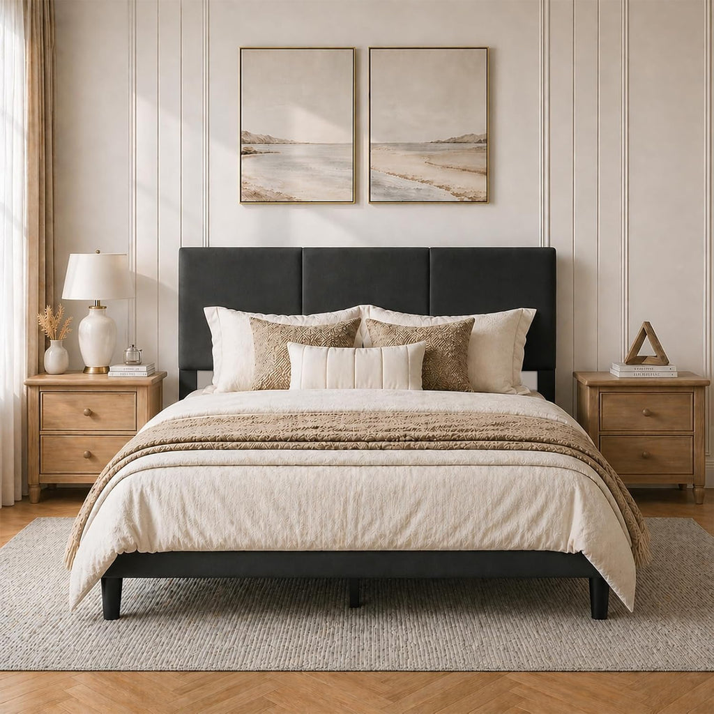 Queen Size Bed Frame with Headboard, Velvet Upholstered Platform Bed Frame, Sturdy Slatted Support for Springless Mattresses, Silent Operation, Easy to Assemble, Black