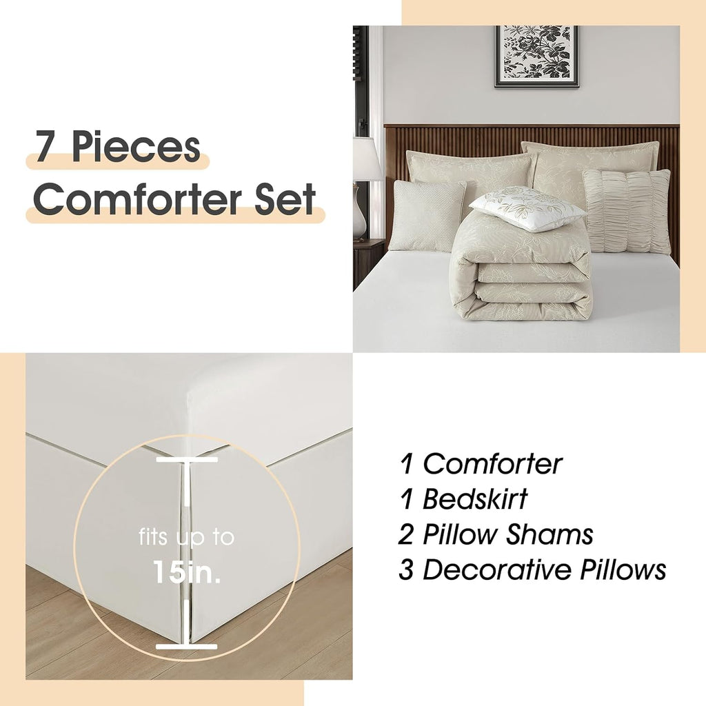 LANCO MODERN LIFESTYLE 7 Piece Beige Comforter Set, California King, Cotton Fabric Jacquard Patchwork Floral, Year-Round Comfort Bed in a Bag with Bed Skirt, Shams & Decorative Pillows