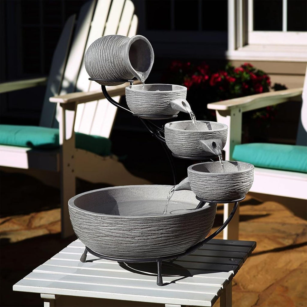 Smart Solar Oslo Cement 4-Tiered Cascade Solar-Powered Fountain with 10' Cable, Elegant Cascading Outdoor Solar Garden Fountain, Gray
