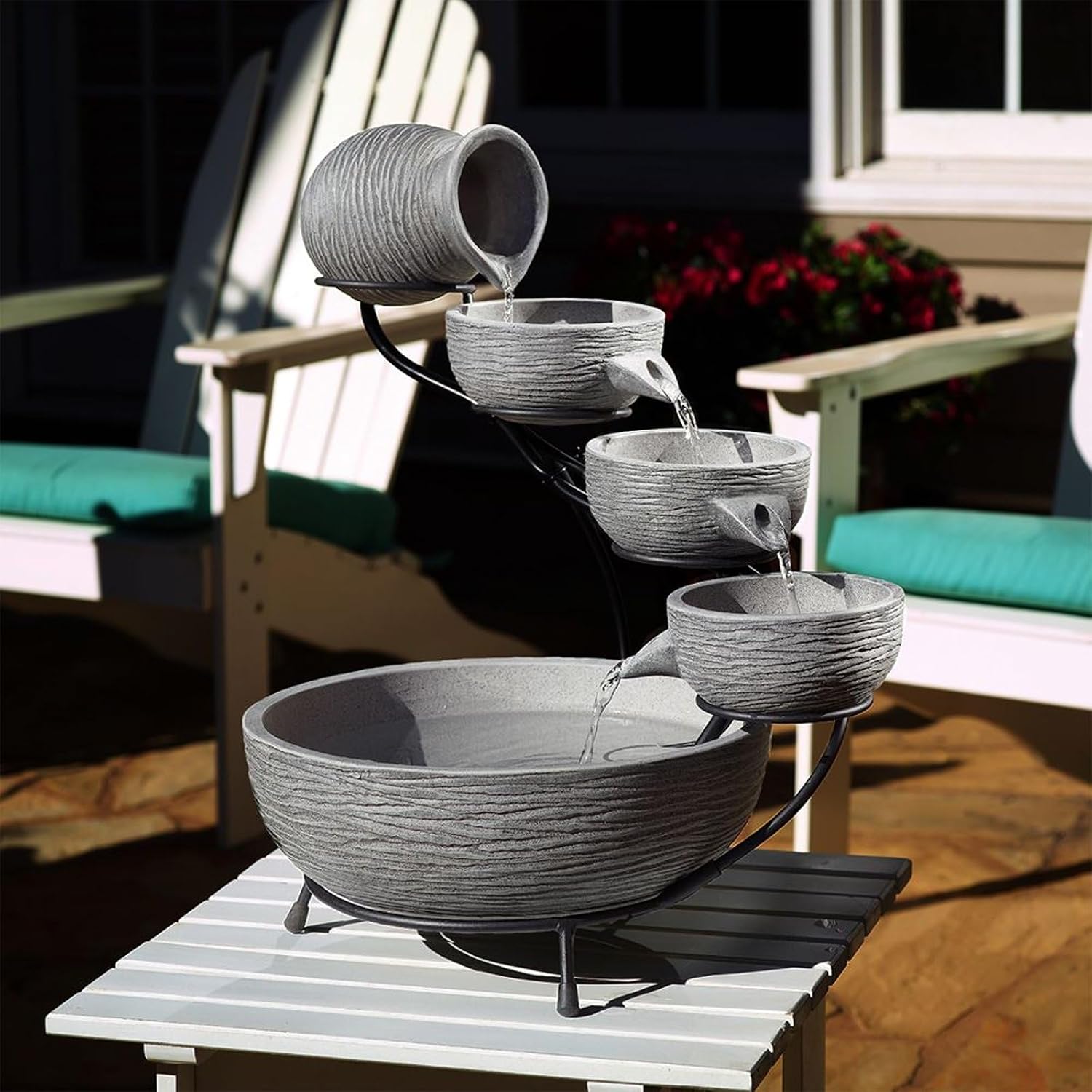 Smart Solar Oslo Cement 4-Tiered Cascade Solar-Powered Fountain with 10' Cable, Elegant Cascading Outdoor Solar Garden Fountain, Gray