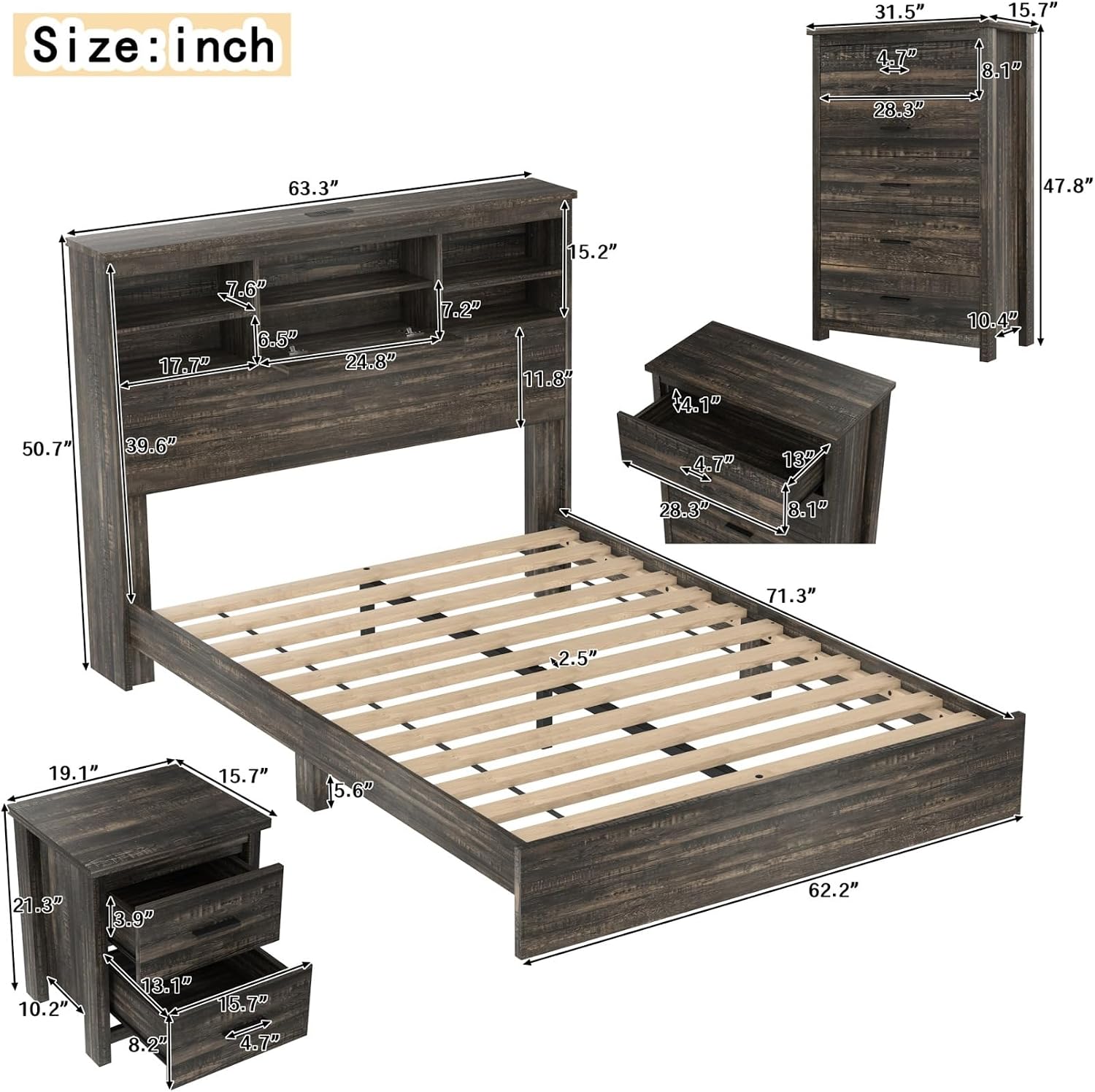 4 Piece Bedroom Sets of 4, Queen Size Platform Bed with USB Storage Headboard, 1 Cabinet of 5 Drawers and 2 Nightstands of 2 Drawers, Space Saving for Kids Boys Adults, Gray