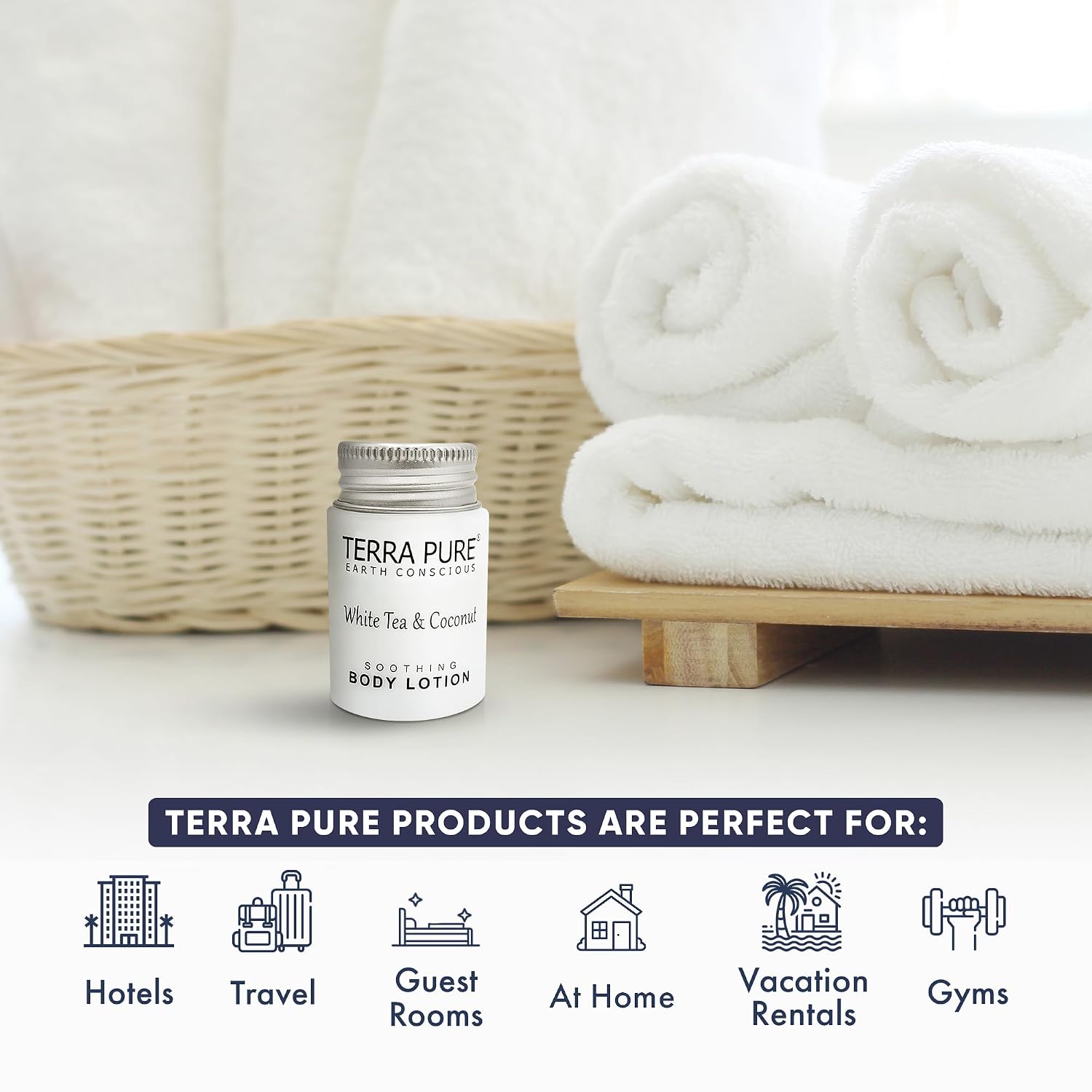 Travel Size Hotel Body Lotion 300 Count 1 oz Bottles Guest Amenities for Hotels Vacation Rentals & Short Term Rentals Paraben Free White Tea & Coconut Scent Infused with Aloe & Olive Oil | Terra Pure