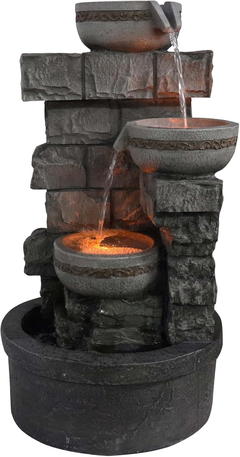 Cheng Pin 3 Tiers Outdoor Water Fountain, 28 Inch Tall Stacked Stones Cascading Bowl Fountain, Relaxing Waterfall Flow Water Feature, Bird Rest Station for Garden, Lawn, Yard Outdoor Decor
