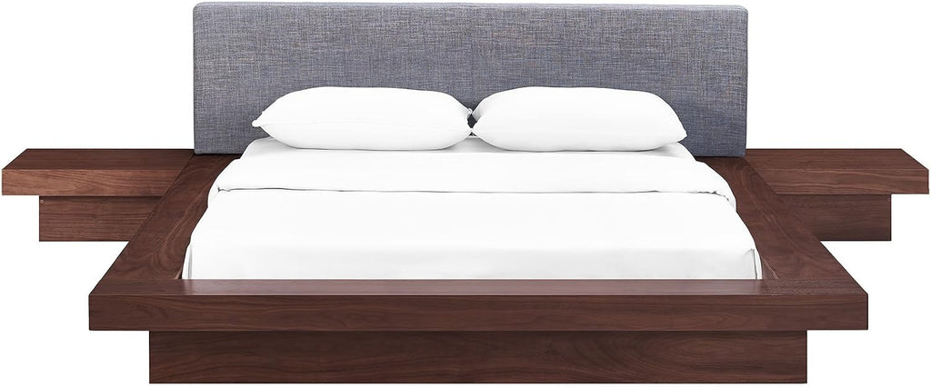 Modway Freja Fabric Upholstered Platform Queen Size Bed and Two Nightstands in Walnut Gray